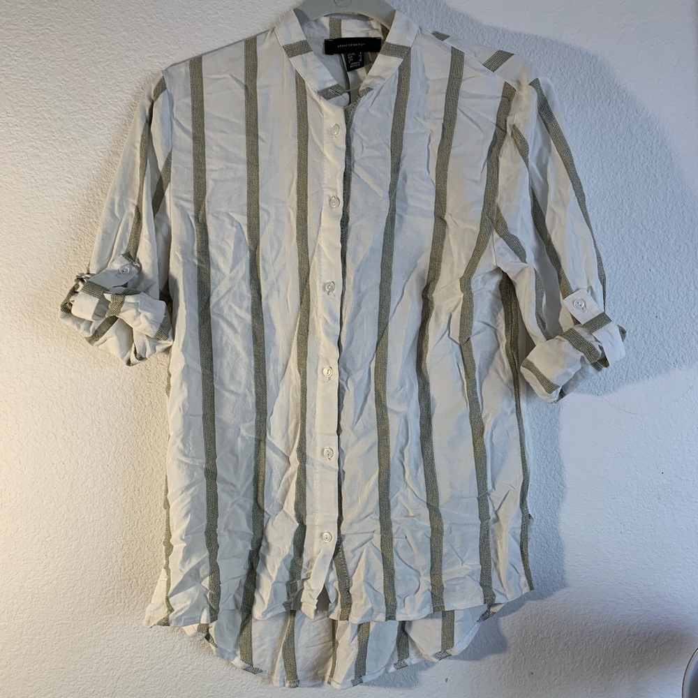 Green and white vertical stripe button up